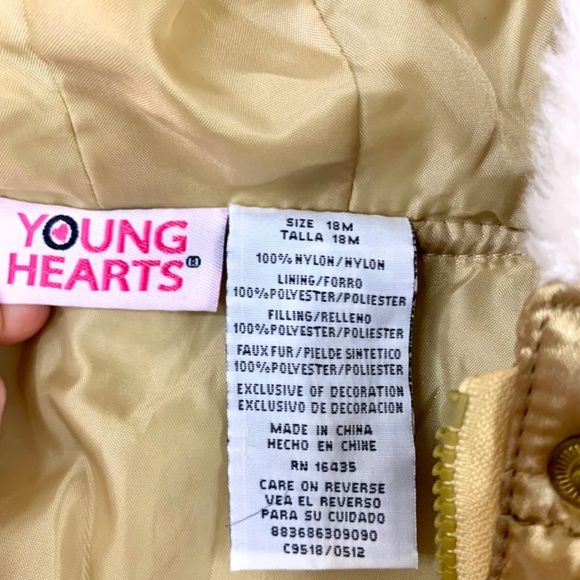Girls Young Hearts holiday shiny gold festive puffer zip/snap fur lined hoodie - Picture 7 of 12